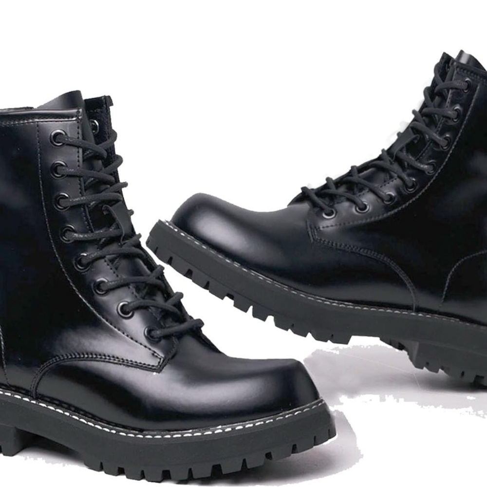Glossy Black Lace-Up Ankle Boots